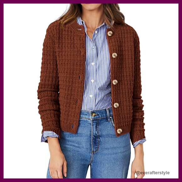 Knit Cardigan Sweater Long Sleeve Open Front Button Down Chic Elegant Outerwear